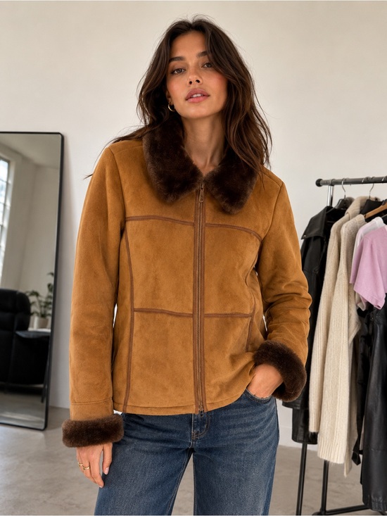 Lady Hathaway Jackets & Blazers - Cozy Tan Teddy Jacket with Faux-Fur Trim